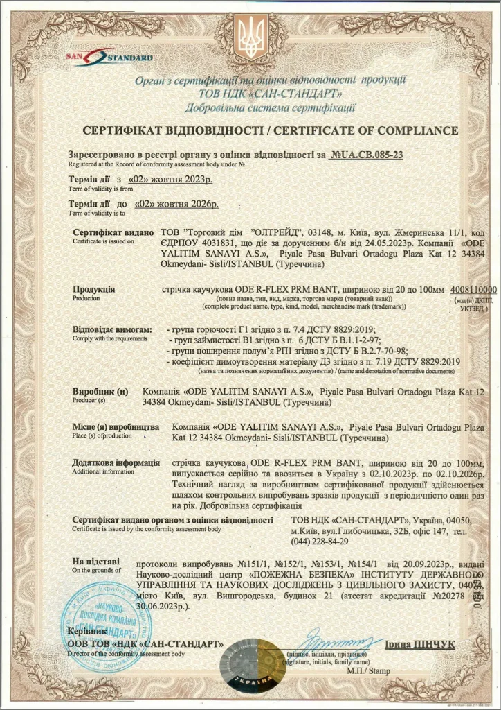 Сертифікат відповідності стрічка каучукова ODE R-FLEX PRM BANT
