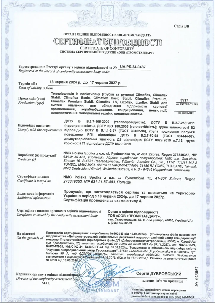 Сертифікат відповідності Теплоізоляція із поліетилену (трубки та рулони)