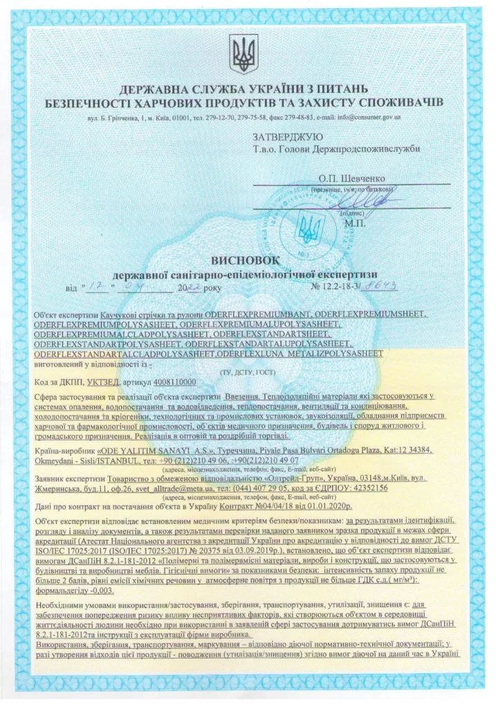 Висновок державної санітарно-епідеміологічної експертизи Каучукові стрічки та рулони