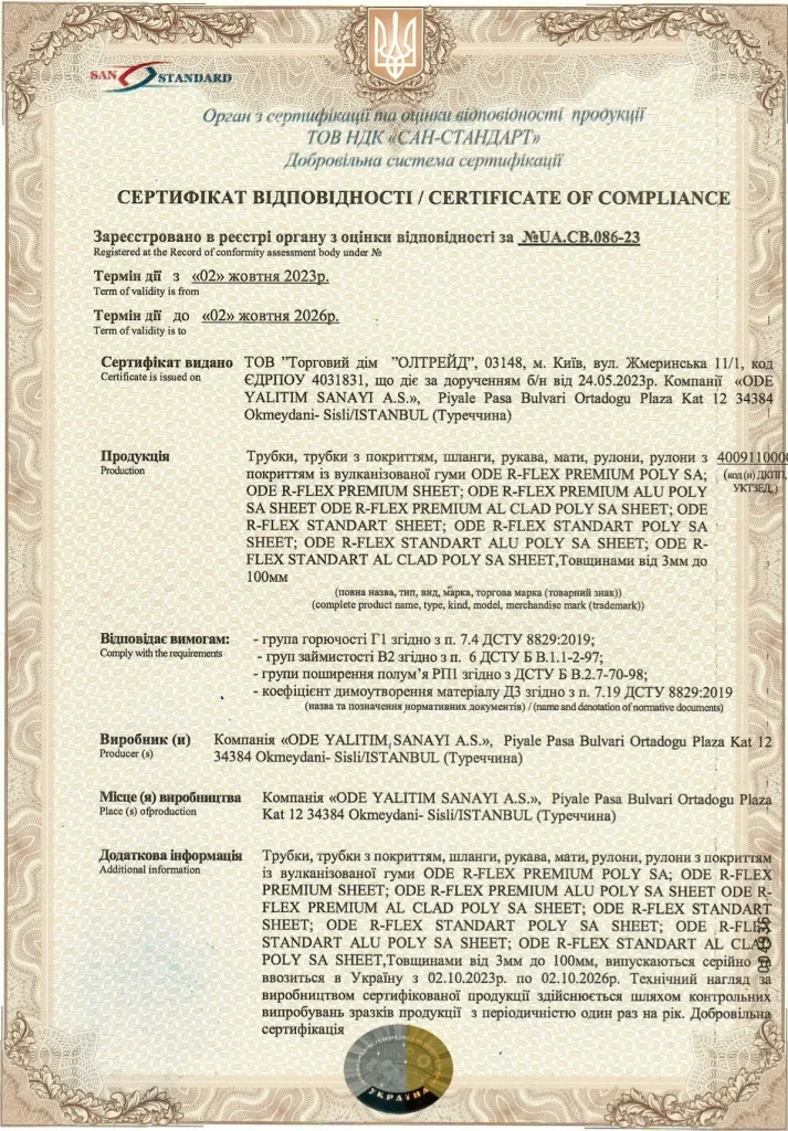 Certificate of Conformity for Tubes, coated tubes, hoses, sleeves, mats, rolls, and coated rolls made of vulcanized rubber
